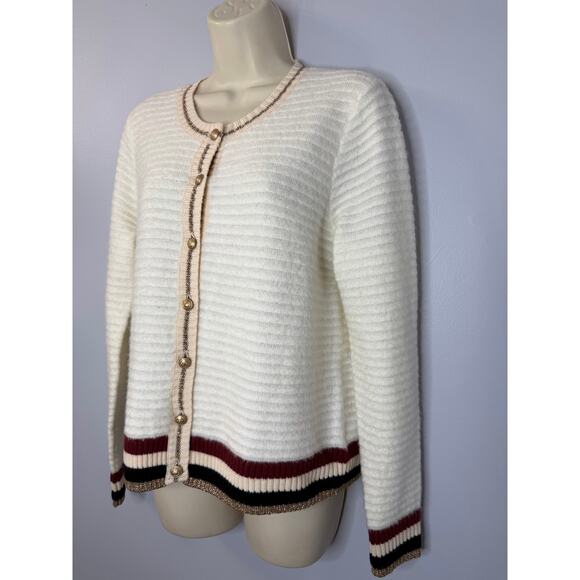 L’AGENCE Archer Cardigan Sweater Ivory Striped Gold Button Women's M - Picture 7 of 14